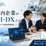 愛媛県内企業のAI・DX個別訪問報告をイメージしたバナー画像。企業訪問、対話、業務改善、AI活用、DX推進を表現している。